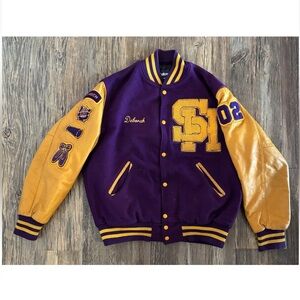 2002 Holloway Letterman Jacket Womens Lg Purple Mustard Eagles Speech Band Cheer